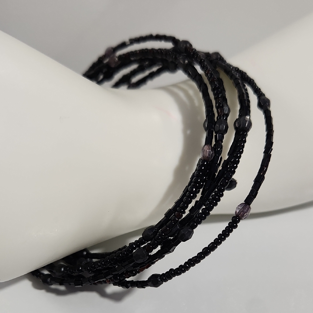 Adjustable Black Seed Bead Bracelet Handcrafted